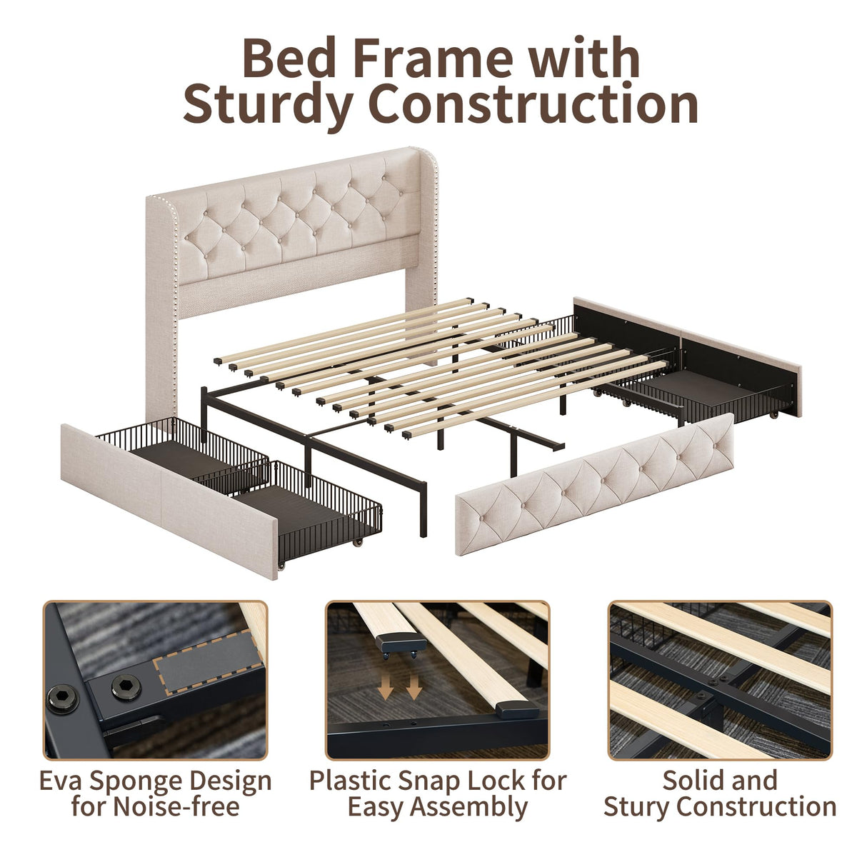 BRELTAM Queen Size Bed Frame with Storage Drawers and Wingback Headboard Linen Upholstered Platform Bed Frame Tufted Beds with Heavy Duty Wood Slats, Noise Free, Easy Assembly, Beige BRELTAM