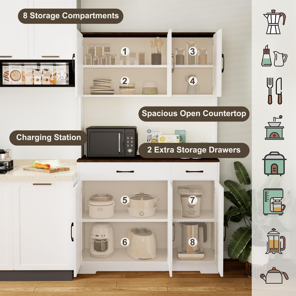 Azaeahom 71" Pantry Cabinet with Charging Station, Kitchen Storage Cabinet with Microwave Stand, 8-Zone Organization, 2 Smooth-Glide Drawers, Open Countertop for Dining, Kitchen, Living Room (White) Azaeahom