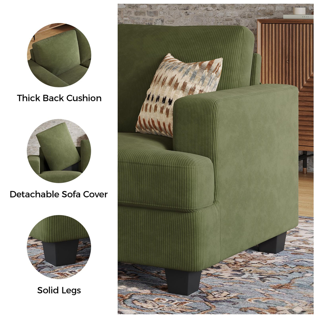 COPIAE 63 Inch Sofa with Extra Deep Seats Oversize, Corduroy Fabric 2 Seater Sofa for Living Room,Modern Couch and Loveseat, Comfy Armrests and Seats and Backrests, Easy Installation, Green COPIAE