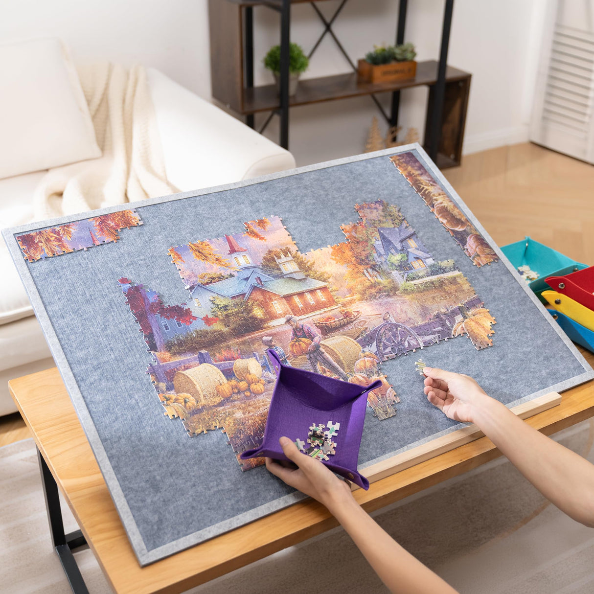 Tektalk Foldable Jigsaw Puzzle Board with 4 Angle Adjustable Bracket/Stand, Lightweight Portable Puzzle Mat Plateau with Wooden Easel, Foldaway Felt Puzzle Table, for Up to 1500 Pieces (Gray) Tektalk