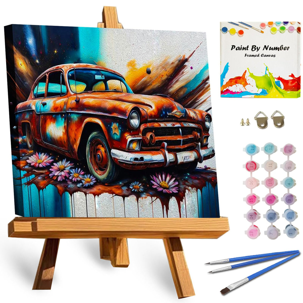 TOCARE Framed Paint by Numbers Kit for Adults Beginners, Car Paint by Number with Frame,Easy Vantage Car Paint by Numbers Framed Canvas (10x10 Inch, Without Easel) TOCARE