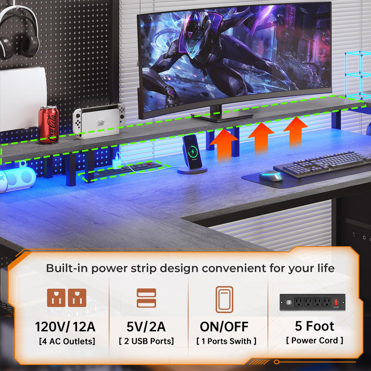 SEDETA 67" L Shaped Desk with Drawers, Computer Office Desk with Storage Shelves & Power Outlet, Reversible Gaming Desk with LED Lights for Home Office, Grey SEDETA