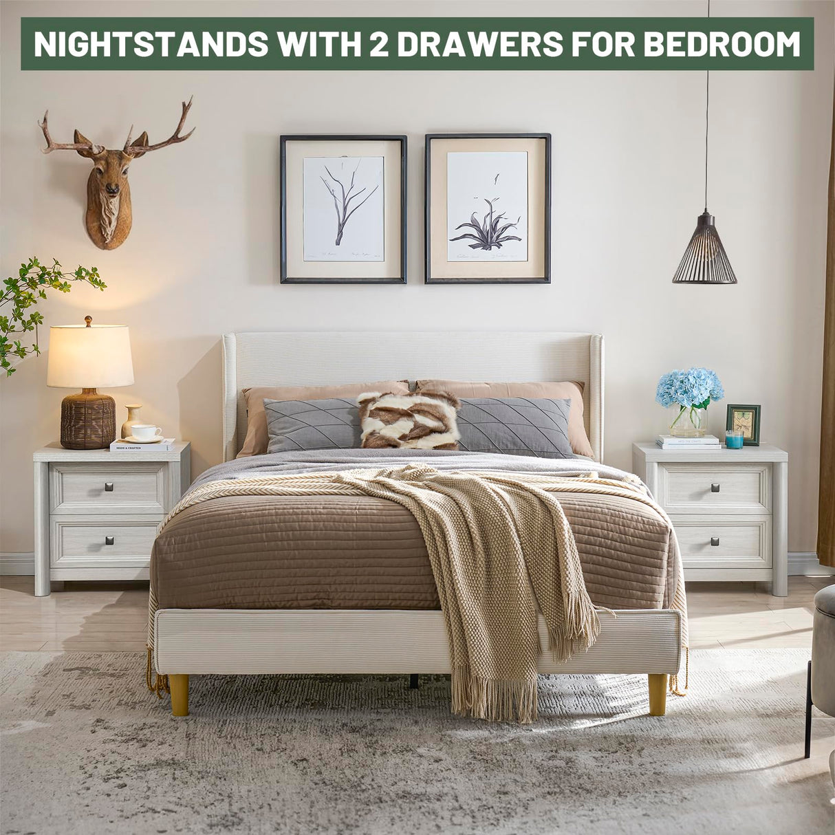 Farmhouse White Night Stands Set of 2, Bedside Tables Nightstands with 2 Drawers Storage, 22.8" Large Rustic Wood Night Stand, Bed Side Table for Bedroom Living Room Sofa Couch Office Standifurno