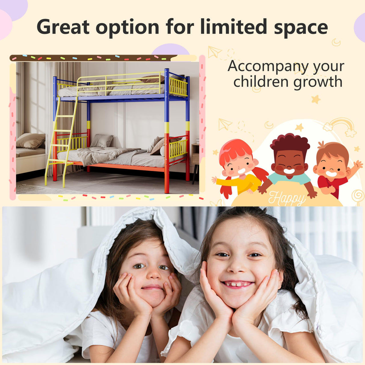 PAOFIN Metal Bunk Bed Twin Over Twin, Industrial Bunkbeds with Ladder and Full-Length Guardrail, Space-Saving Bed Frame Noise Free, No Boxing Spring Needed, Colorful PAOFIN