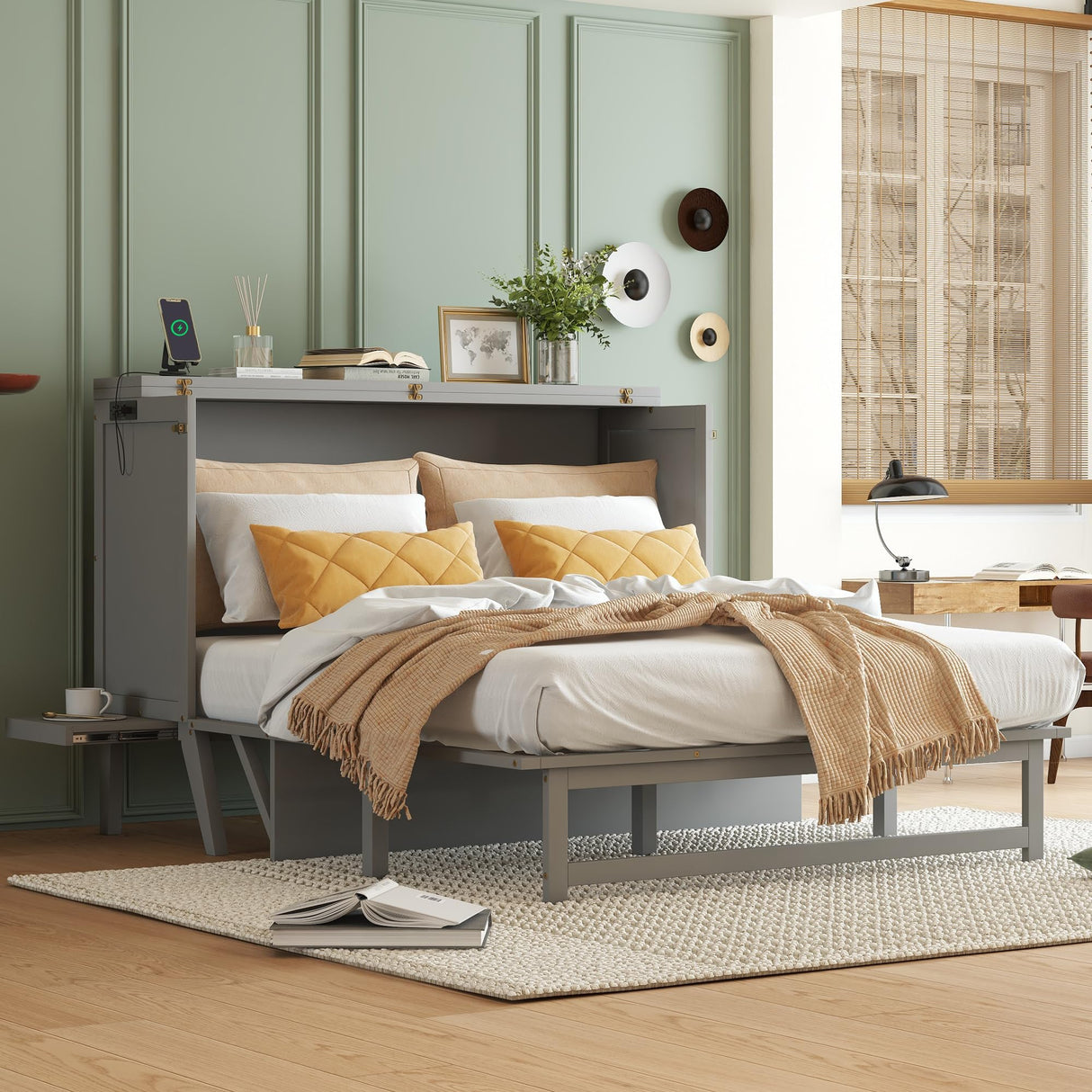 KEIKI Queen Size Murphy Bed with USB Port and Removable Shelves on Each Side, Solid Pine Murphy Cabinet Bed for Home Office, Guest Room,Grey KEIKI