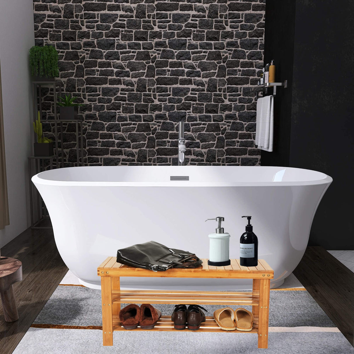 Lestar Spa Shower Patio Bench Stool with Strip Pattern 3 Tiers Storage Shelves Stand Organizer, Natural Bamboo Wood Bathing Benches Shoe Rack, Size 35.5"(W) x 11"(D) x 18"(H) Lestar