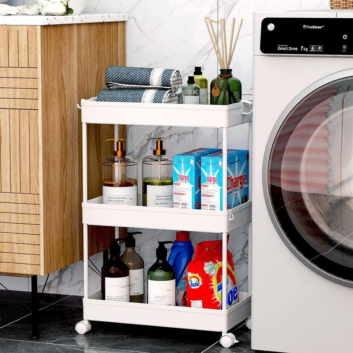 SPACEKEEPER Rolling Storage Cart 3 Tier, Bathroom Cart Organizer Laundry Room Organizer Utility Cart Mobile Shelving Unit Multi-Functional Shelves for Office, Kitchen, Bathroom, White SPACEKEEPER