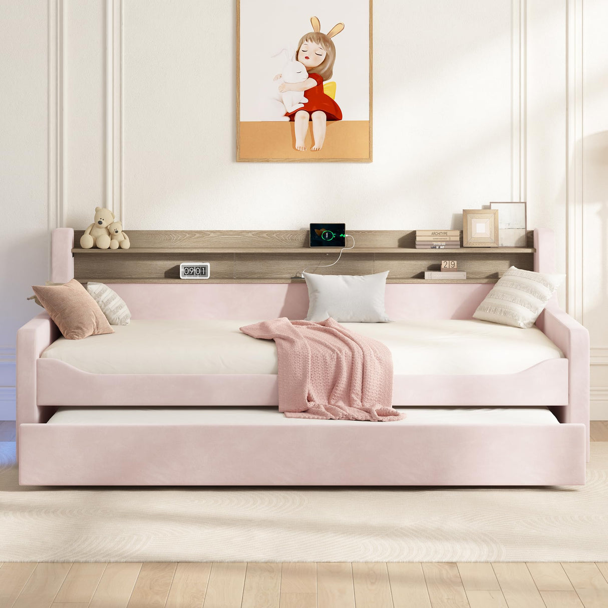 Jocisland Twin Daybed with Trundle, Upholstered Day Bed with Storage Headboard & Charging Station, LED Corner Bed Frame Furniture for Bedroom/Living Room/Guest Room,No Box Spring Needed, Velvet Pink Jocisland