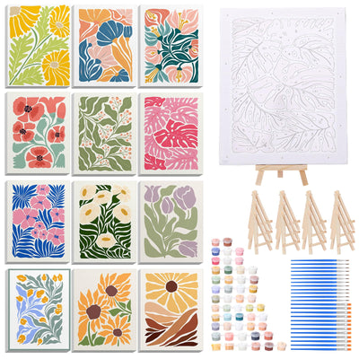 RoundFunny 12 Set Paint by Numbers Kit for Adults Simple Flowers Painting 8x10 Inch with Wooden Frame Easel Acrylic Paints Brushes Watercolor Oil Paint by Number Gifts for Home Wall Decor