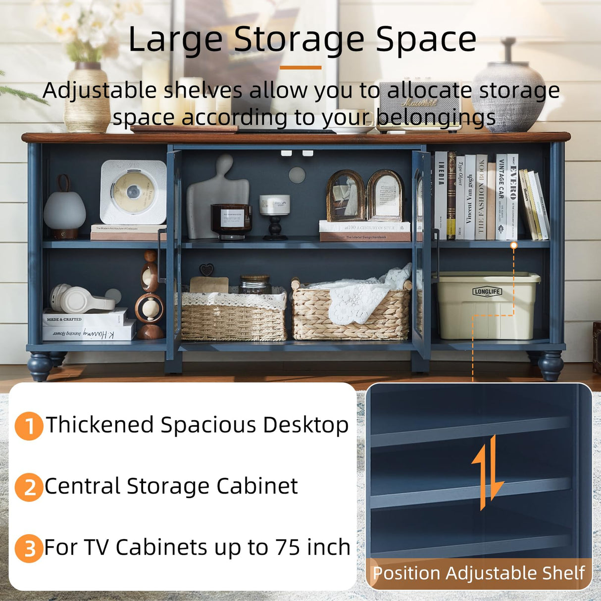 RWYHG Farmhouse TV Stand for 60 Inch TV, Wood Entertainment Center with Glass Door Storage Cabinet & Adjustable Shelves,Television Stands for 65" TVS, TV Console Table for Living Room,Bedroom,Blue RWYHG