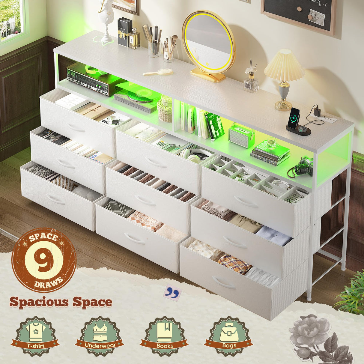 Romorgniz 55" W White Dresser for Bedroom with 9 Drawers, LED TV Stand with Power Outlets for 45, 55, 65 Inch TV, Sturdy Long Chest of Drawers with Extra 2 Wooden Shelves, 55.1" W x 35.4" H x 11.8" D Romorgniz