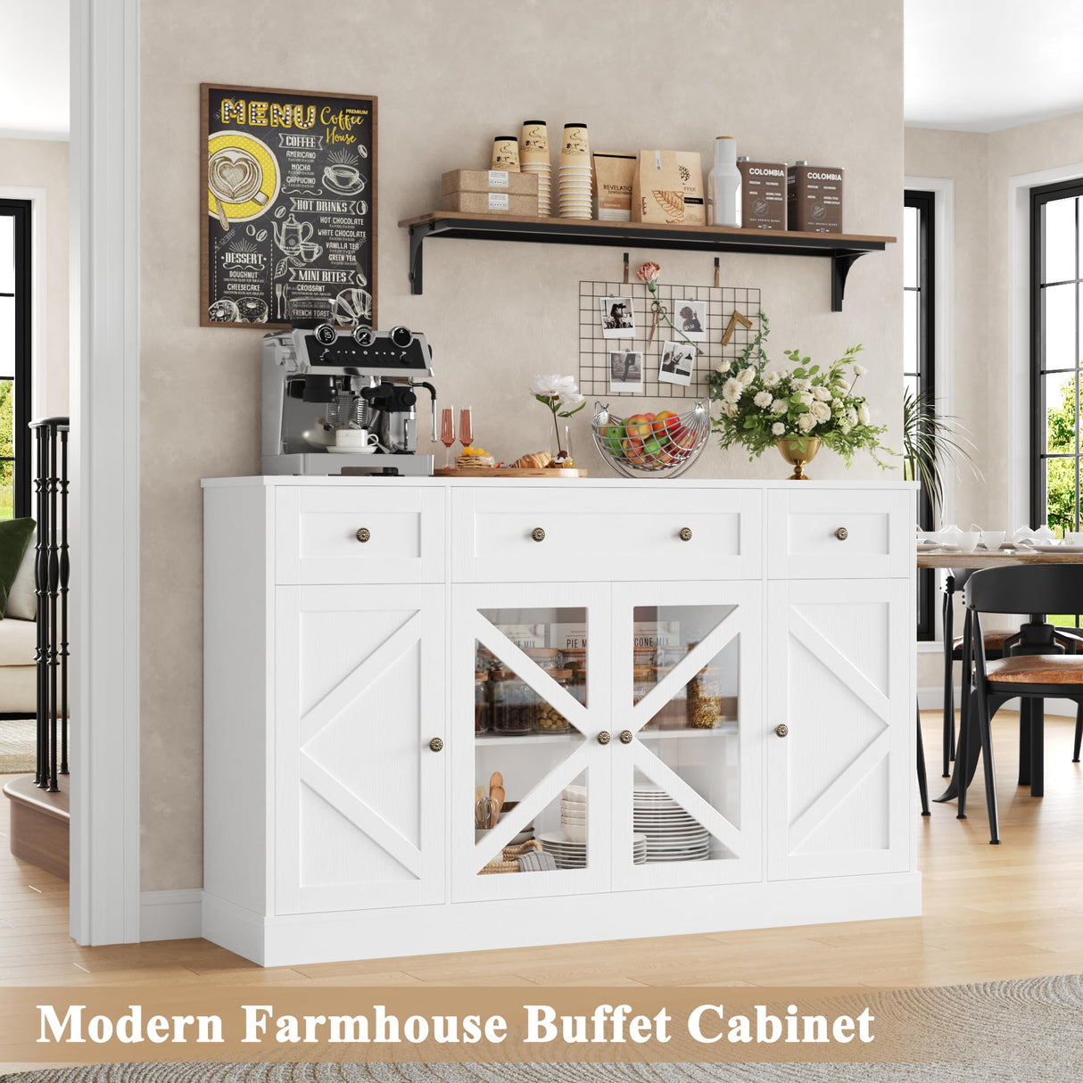 Keyluv Buffet Sideboard 55" Large Storage Cabinet 4 Doors and 3 Drawers, Farmhouse Wooden Coffee Bar Space-Saved Cupboard Furniture for Dining Room, Kitchen, Living Room, White Keyluv