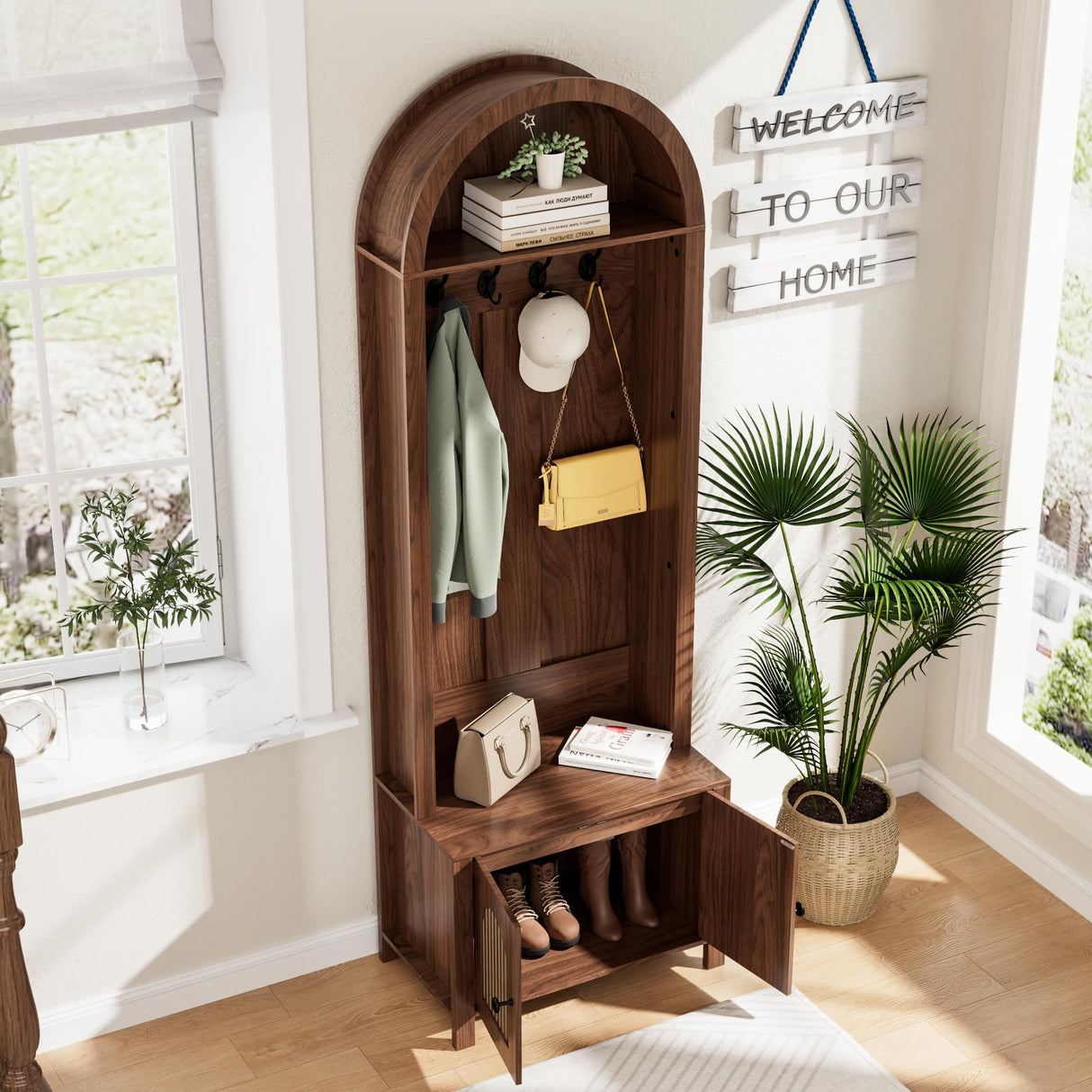 Hall Tree with Bench and Shoe Storage, Entryway Storage Bench with Coat Rack, 70.9"Arch Coat Rack with 4 Hooks and 2 Fluted Doors, Farmhouse Style Furniture Organizer for Hallway (Walnut, 23.7"W) Mxtxmy