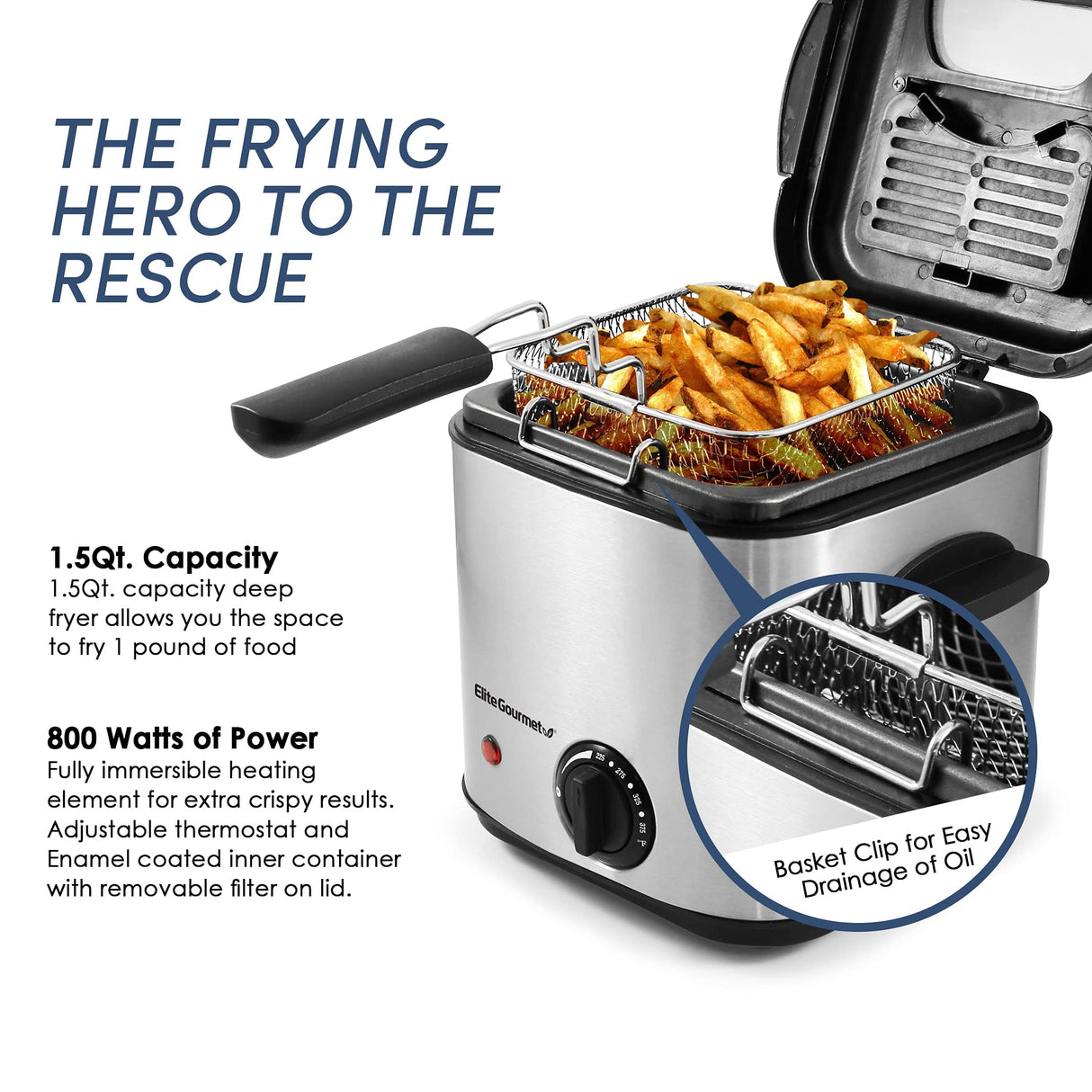 Elite Gourmet EDF1550# Electric 1.5 Qt. / 6 Cup Oil Capacity Deep Fryer, Adjustable Temperature, Removable Basket, Lid with Viewing Window, Stainless Steel Elite Gourmet