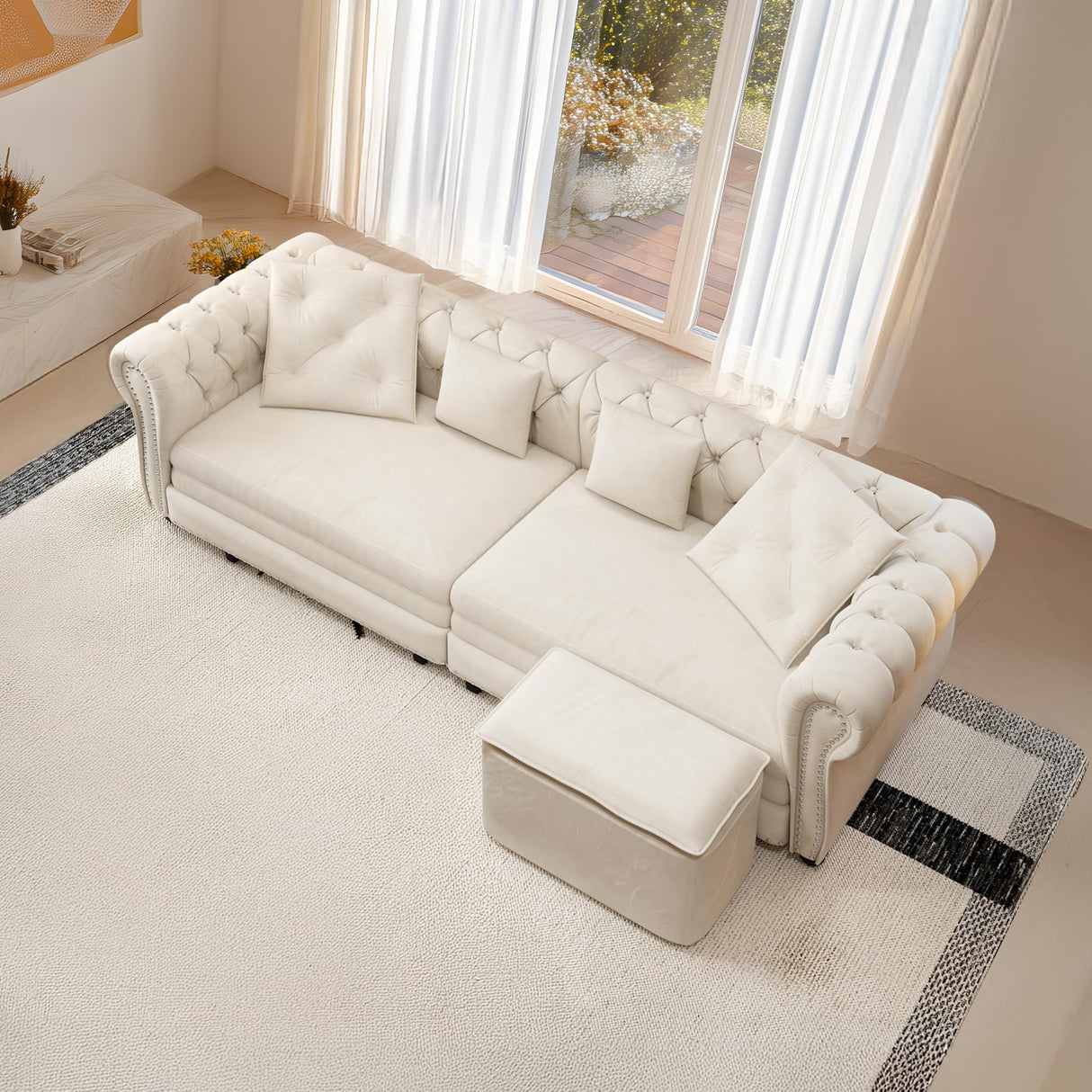 UQGVML Oversized Sleeper Sofa Couch, Convertible Sleeper Sofa Bed for Living Room, Bedroom, Classic 3-in-1 Pullout Couch Bed Chesterfield Style (Beige, with Ottoman) UQGVML