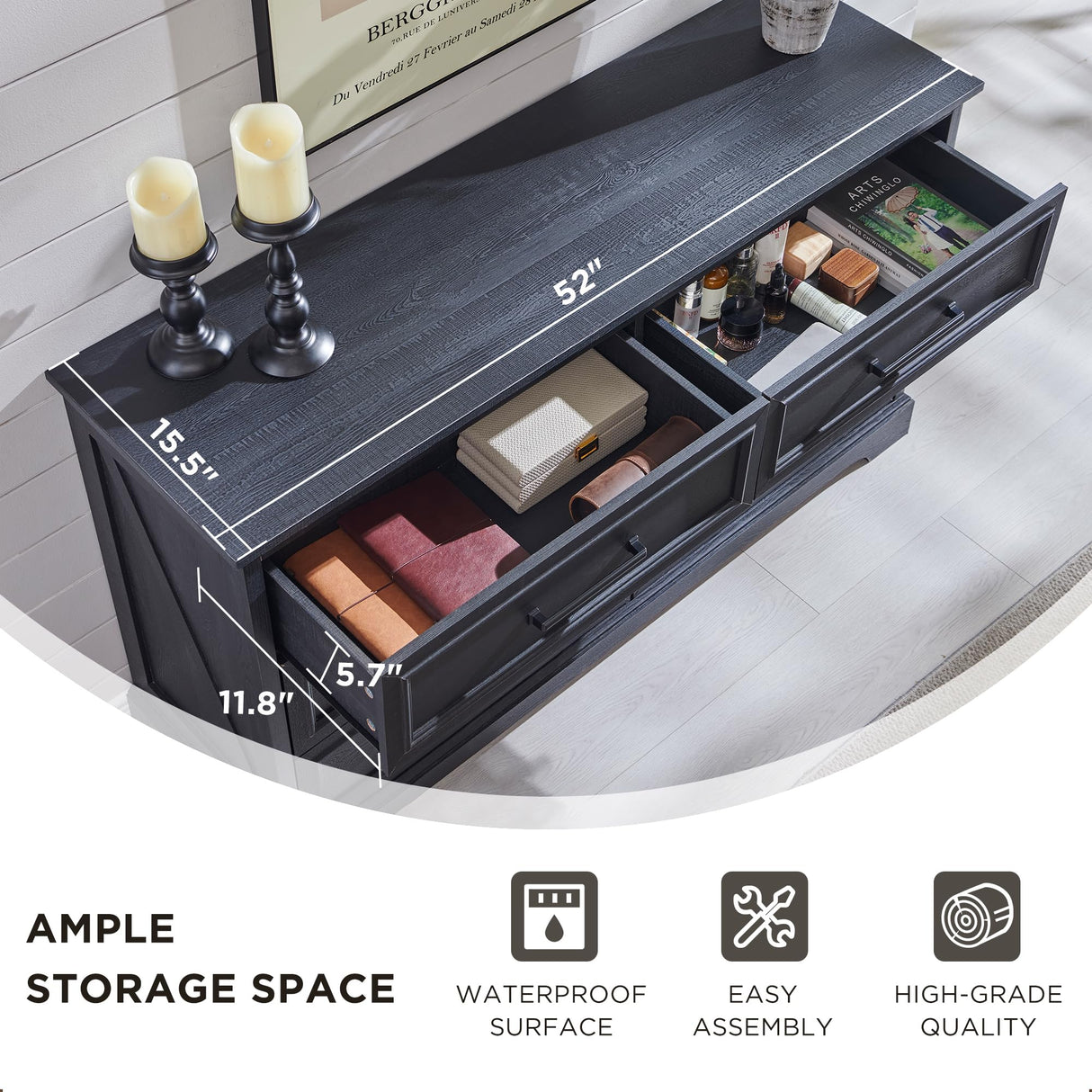 ACCOHOHO Farmhouse 6 Drawer Dresser for Bedroom, 52 Inch Wide Modern Dresser TV Stand with Large Drawers & Bar Handles, Rustic Wood Chest of Drawers for Bedroom, Living Room, Hallway, Black ACCOHOHO