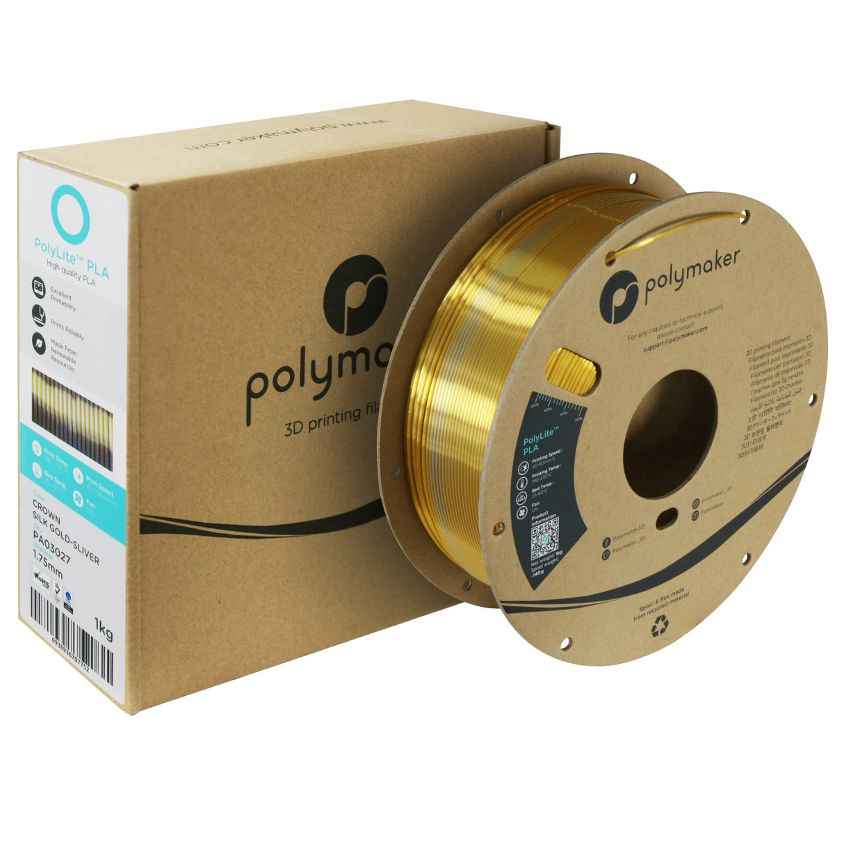 Polymaker Dual Color Silk PLA Filament 1.75mm Gold-Silver, Coextrusion Shiny PLA 3D Printer Filament Dichromatic 1kg - Silk Filament 1.75 PLA 2 Colors, Dimensional Accuracy +/- 0.03mm (Crown) Polymaker