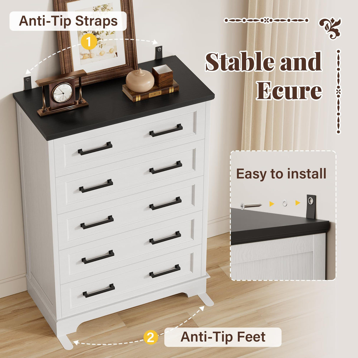 Furmax Farmhouse Dresser for Bedroom, 5 Drawers Dresser, Wood Chest of Drawers, 52" Wide Storage Dressers Organizer for Bedroom, Living Room (White and Black) Furmax