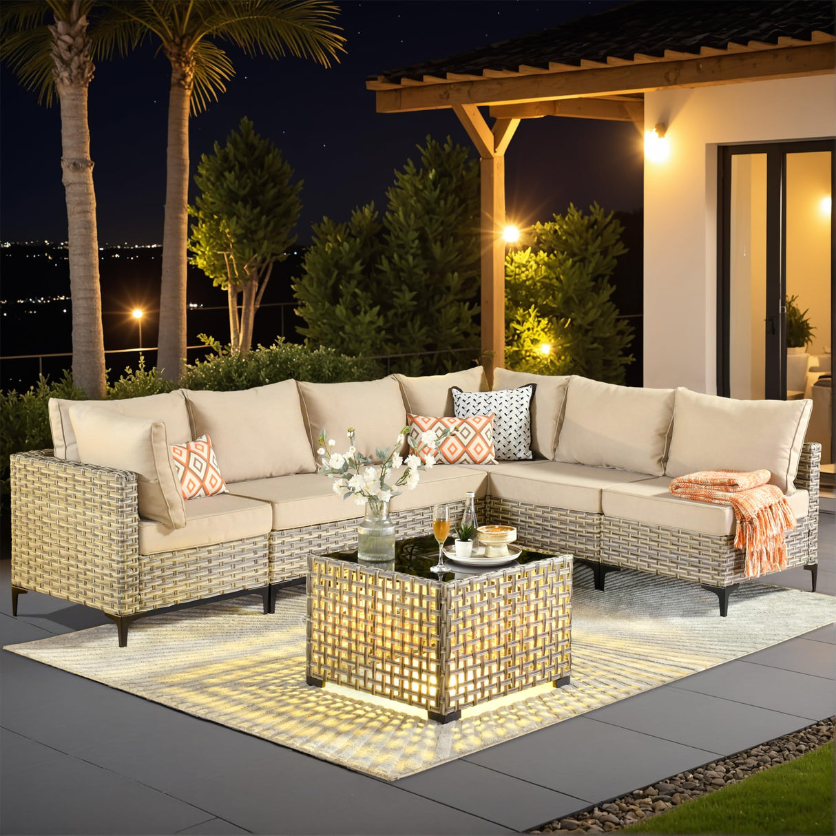Outdoor Sectional Patio Furniture Set with Glowing Table,7 Pieces Wicker Conversation Sets L Shaped Couch Out Door Sofa Set Outside Furniture for Garden Deck Yard Porch,Beige POUUIN