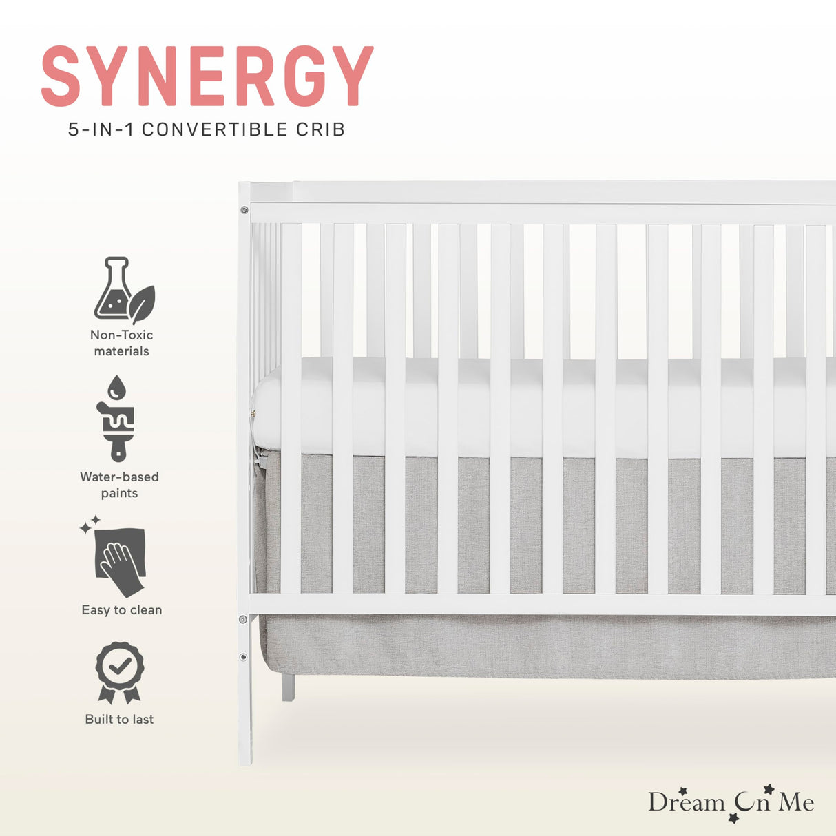 Dream On Me Synergy 5-In-1 Convertible Crib In White, Greenguard Gold Certified Dream On Me