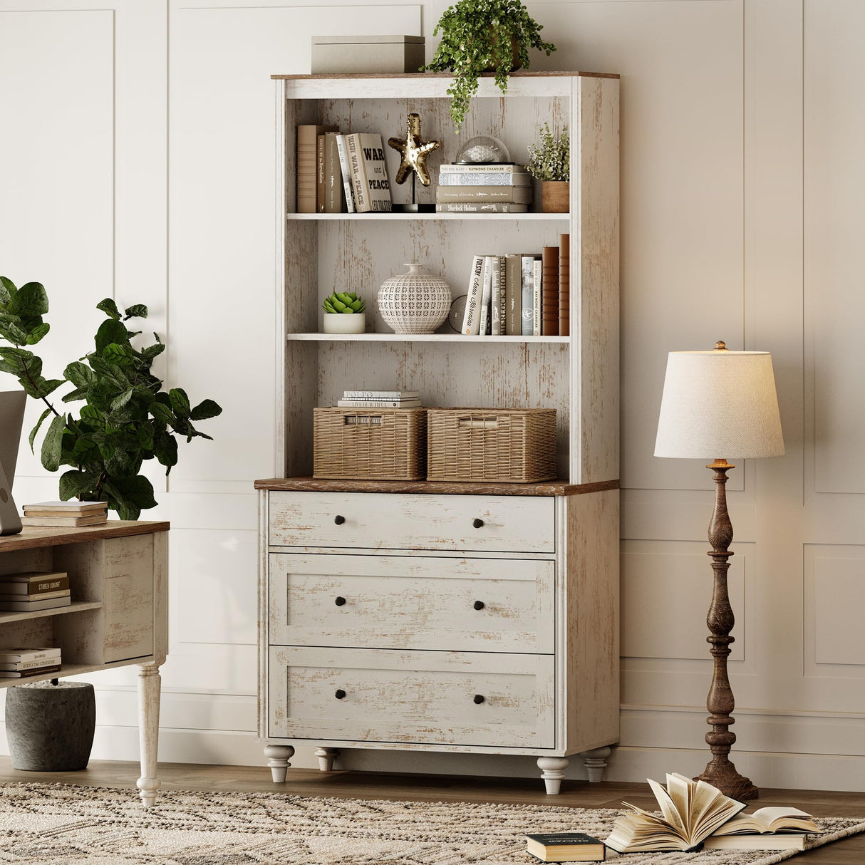 WAMPAT 3 Tier Bookshelf with 3 Drawers, 72" Tall Bookcase Large Farmhouse Display Book Case Shelf with 3-Tier Open Book Shelfs,Library Wood Bookshelves for Living Room,Kitchen, Rustic White WAMPAT