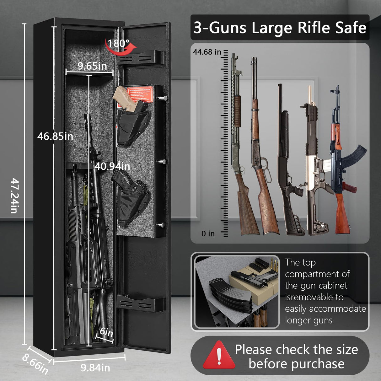 HEANVO 2-3 Rifle Gun Safe, Quick Access Gun Safe with Alarm, Home Gun Safe with Digital Keypad, Compact Long Gun Safe with Removable Spacer and LED Lights HEANVO