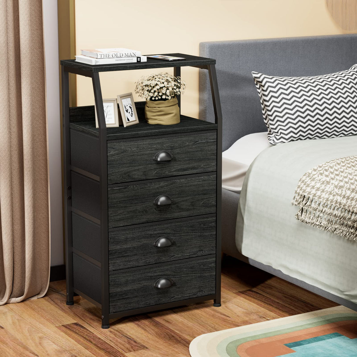 Furnulem Tall 4 Drawers Dresser, Vertical Storage Tower Black Dresser for Bedroom, Hallway, Entryway, Nursery, Closet Organizer, Nightstand Bedside Table Furniture, Sturdy Steel Frame, Wood Top Furnulem