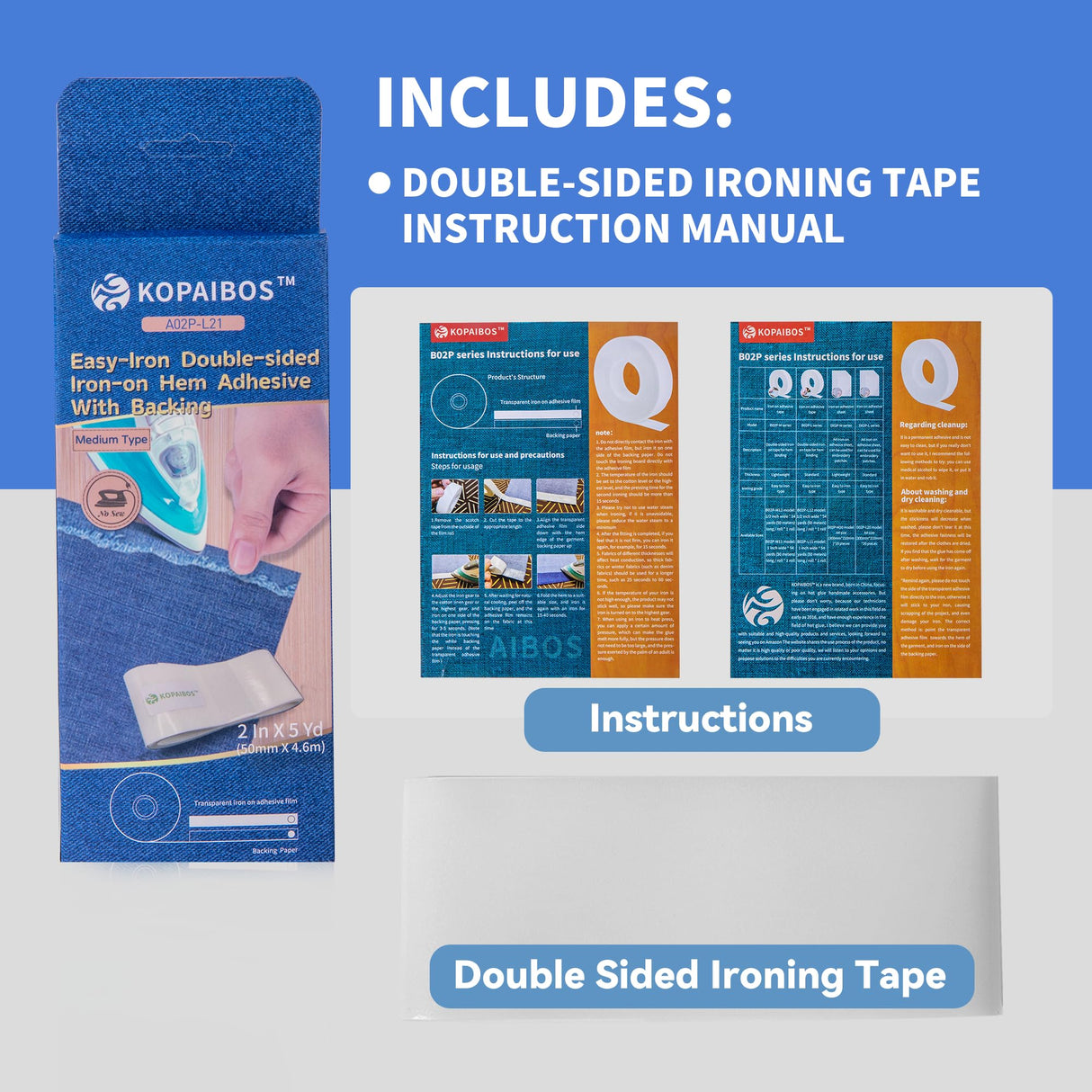 KOPAIBOS 2 Inch 5 Yards Heavy Double-Sided Iron on Hemming Tape with Backing No sew Fabric Tape for Curtains Webbing Sofa Decorations Appliques Embroidery Patches KOPAIBOS