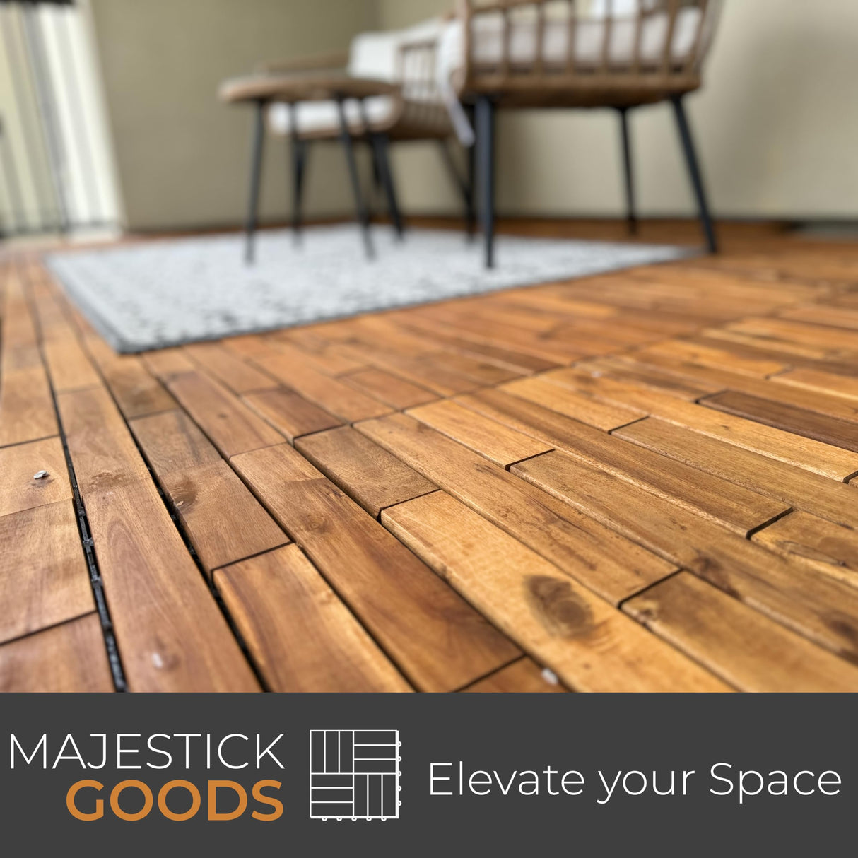 Interlocking Deck Tiles 24 x 12 Long Boards Snap Together Wood Flooring - Acacia Hardwood Outdoor Flooring for Patio - Floor Decking Tile, Waterproof Balcony Flooring 24 Sq Ft (2 Pack (12 Pieces)) Majestick Goods