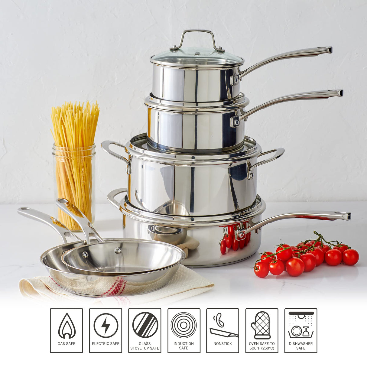 Martha Stewart Castelle 10 Piece 18/8 Stainless Steel Induction Safe Pots and Pans Non-Toxic Triply Bottom Kitchen Cookware Set Martha Stewart