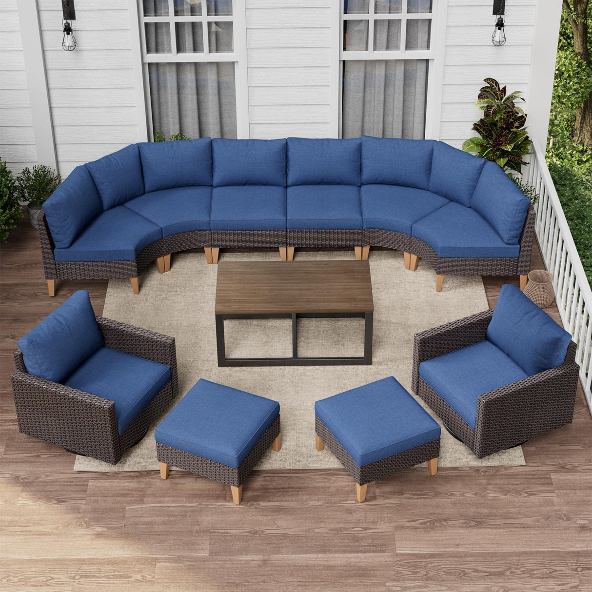 HUMMUH 11 Pieces Outdoor Furniture Set,Outdoor Half-Moon Sectional Couches Swivel Patio Chairs with Ottomans Coffee Table,All Weather PE Wicker Patio Conversation Sets for Garden Porch Backyard HUMMUH