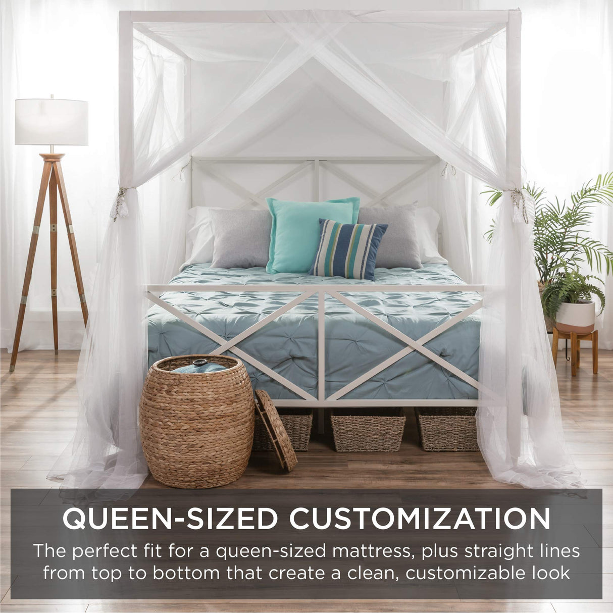 Best Choice Products 4-Post Queen Size Modern Metal Canopy Bed w/Mattress Support, Built-in Headboard, Footboard, Classic, Customizable Design - White Best Choice Products