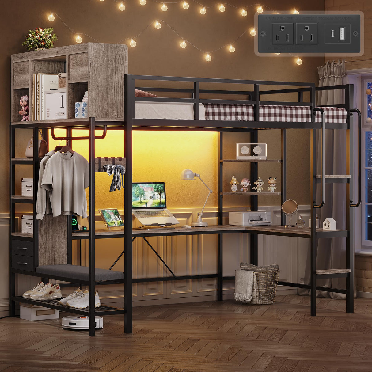 Twin Loft Bed with L-Shaped Desk, Metal Twin Size Loft Bed for Kids with Storage Headboard&Hall Tree, 2 Fabric Drawers, LED Lights&Charging Station, Safety Guard & Ladder, No Box Spring Needed (Gray) Dnxao