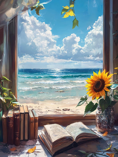 SKRYUIE 5D Beach Diamond Painting Kits - DIY Diamond Art Kits for Adults Sunflower, Full Round Drill - Crystal Embroidery Cross Stitch - Craft for Wall & Office Decor - 12x16 Inch k3