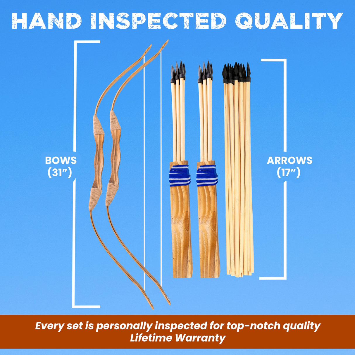 Adventure Awaits - 2-Pack Handmade Wooden Bow and Arrow Set - 20 Wood Arrows and 2 Quivers - for Outdoor Play Adventure Awaits!