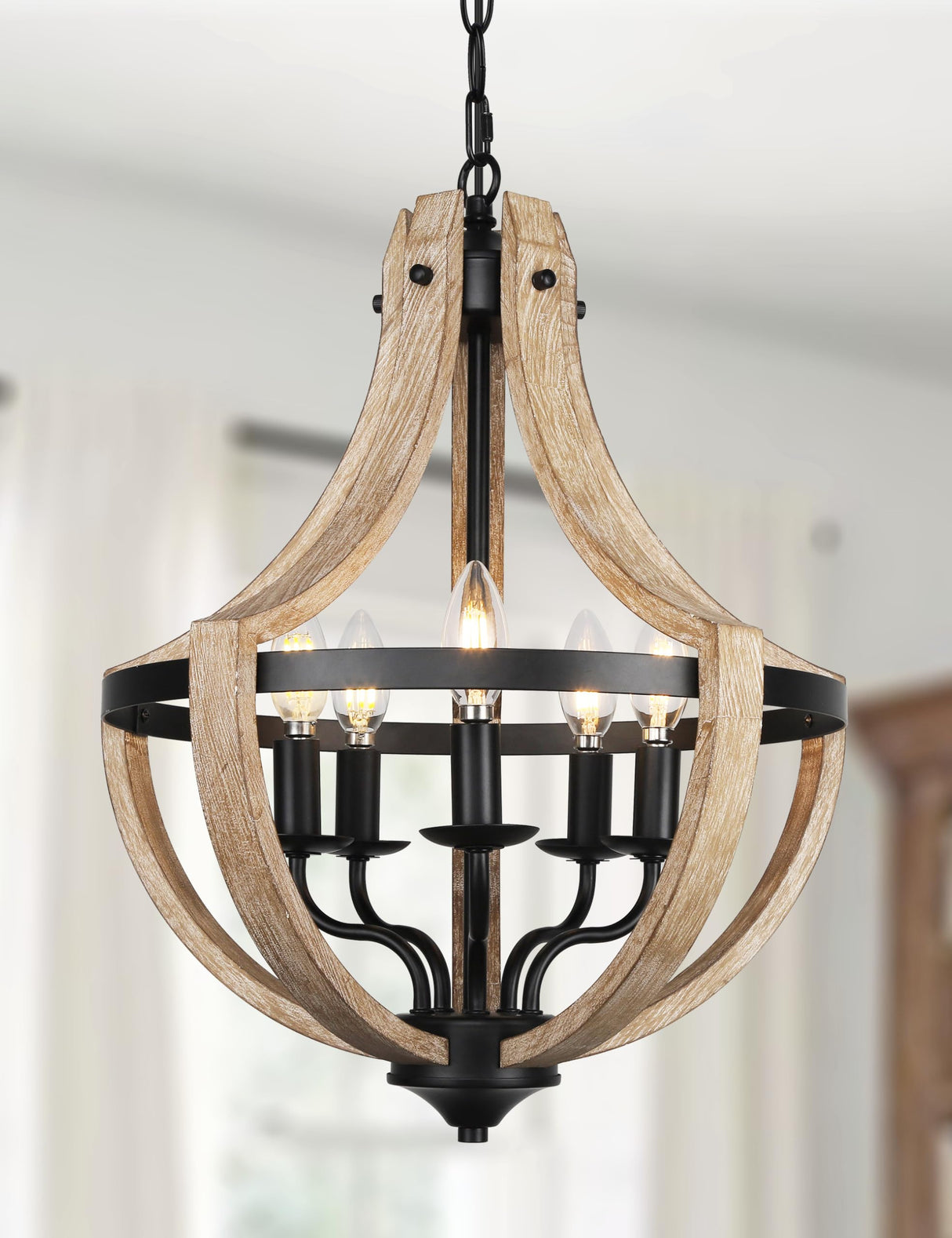 5-Light Farmhouse Wood Chandeliers for Dining Room, Adjustable Height Hanging Rustic Geometric Light Fixture for Kitchen Island Foyer Entryway Living Room Klgxnrd