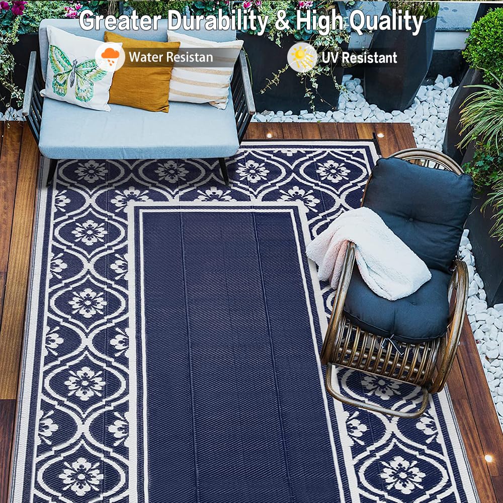 HUGEAR RV Outdoor Rug Waterproof Mat 9'x12' Camping Carpet Blue Outside Area Rugs Reversible Rugs for Deck Entryance Porch Picnic Balcony Beach HUGEAR