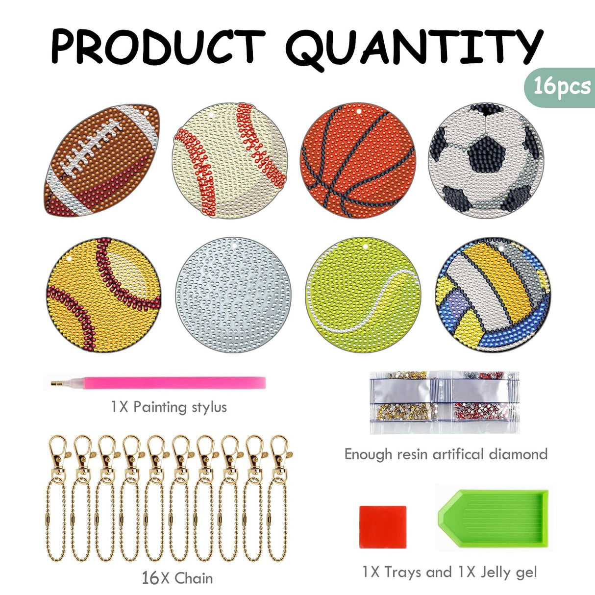 INCOK Ball Diamond Art Keychains - 16 Pcs Diamond Painting Ornament Kits DIY Basketball Football Baseball Softball Key Chain Set Gem Art Crafts Birthday Festival Gift for Adult Beginners Sport Lover INCOK