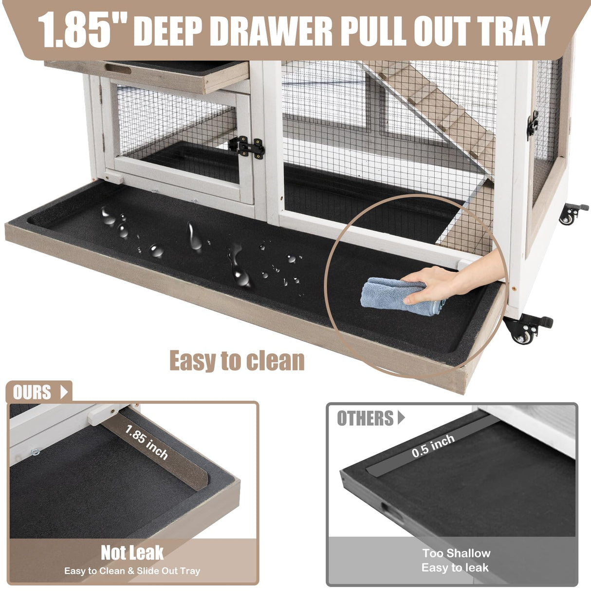 PetsCosset Rabbit Hutch Indoor 40" L Large 2 Story Outdoor Wooden Bunny Hutch with Run, 4 Metal Wheels & 2 Deeper Trays, UV-Proof Panel Rabbit Cage Guinea Pig Pet House for Small-Medium Animals PetsCosset