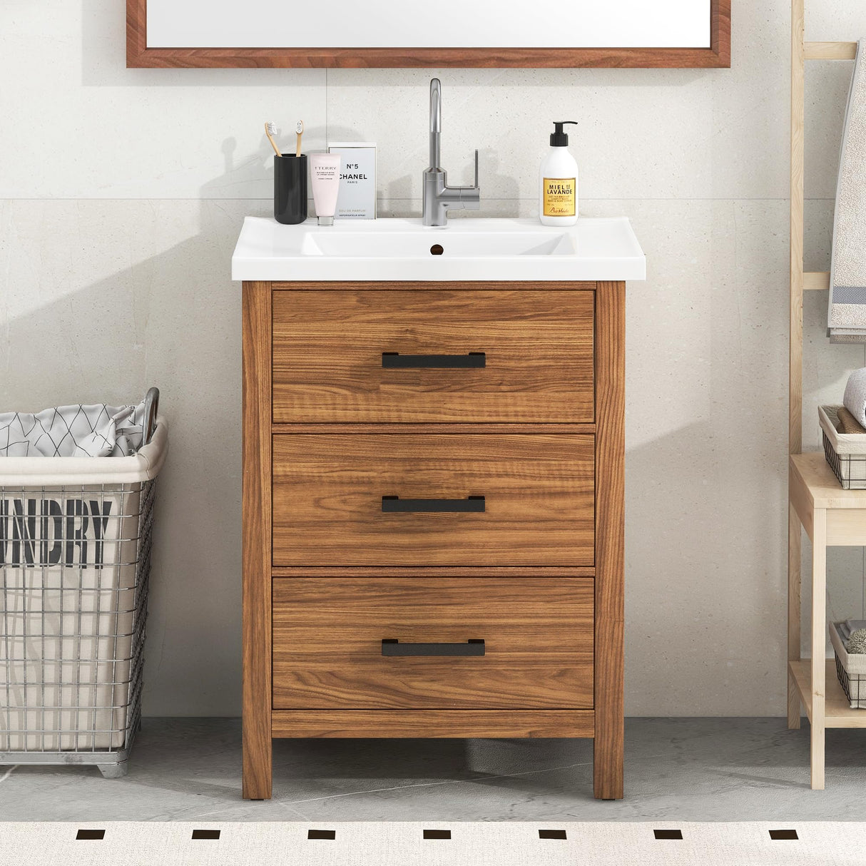 Merax 24 Inch Bathroom Vanity with Sink,Mid Century Modern Bathroom Vanity with 2 Deep Drawer & Tip-Out Tray,Ceramic Sink with Integrated Countertop,Solid Wood Frame,Wood Grain Finish Merax