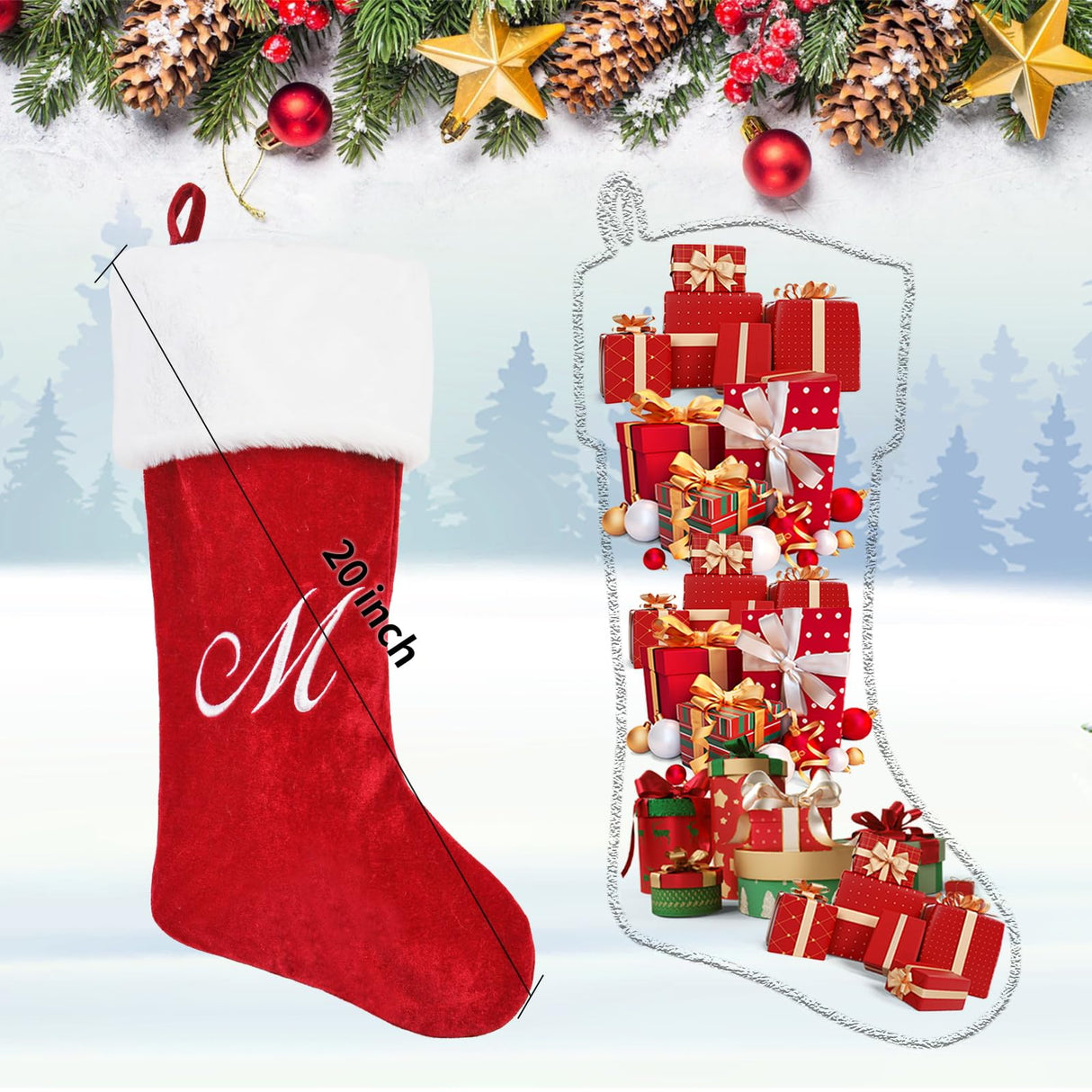 PORRUNNY 20 Inch Letter Christmas Stockings Red Polyester Plush for Family Holiday Xmas Party Decor Fireplace Hanging for Family Kids - M PORRUNNY