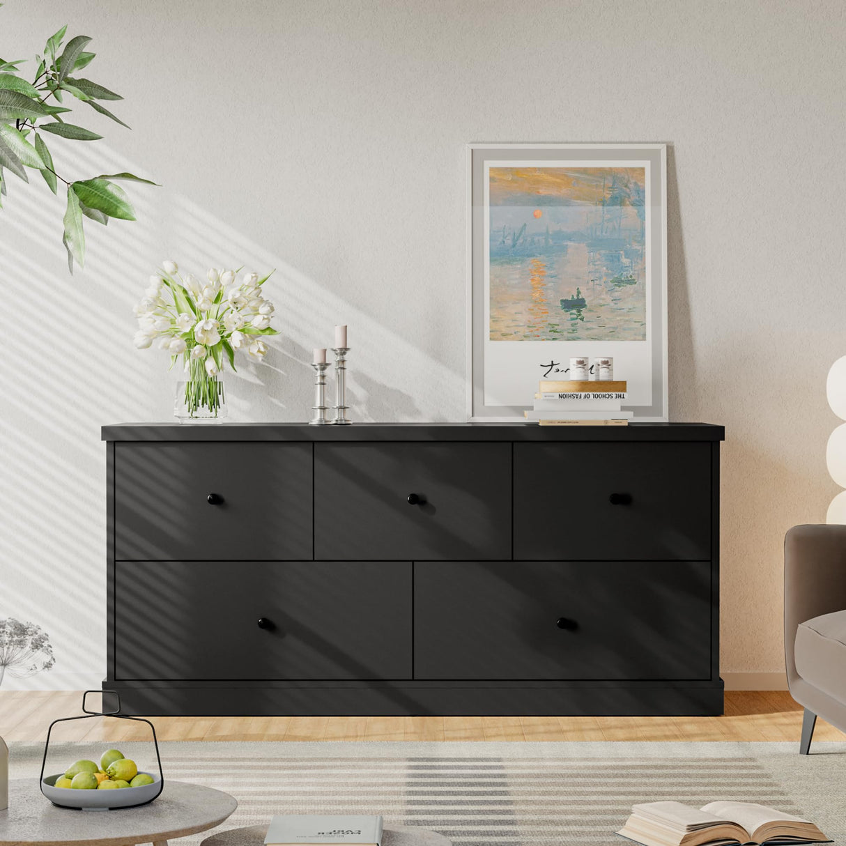 JUMMICO Dresser for Bedroom, Wide Chest of Drawers with 5 Wood Dresser Drawers, TV Stand, Modern Design for Bedroom, Living Room, Hallway, and Entryway (Black) JUMMICO
