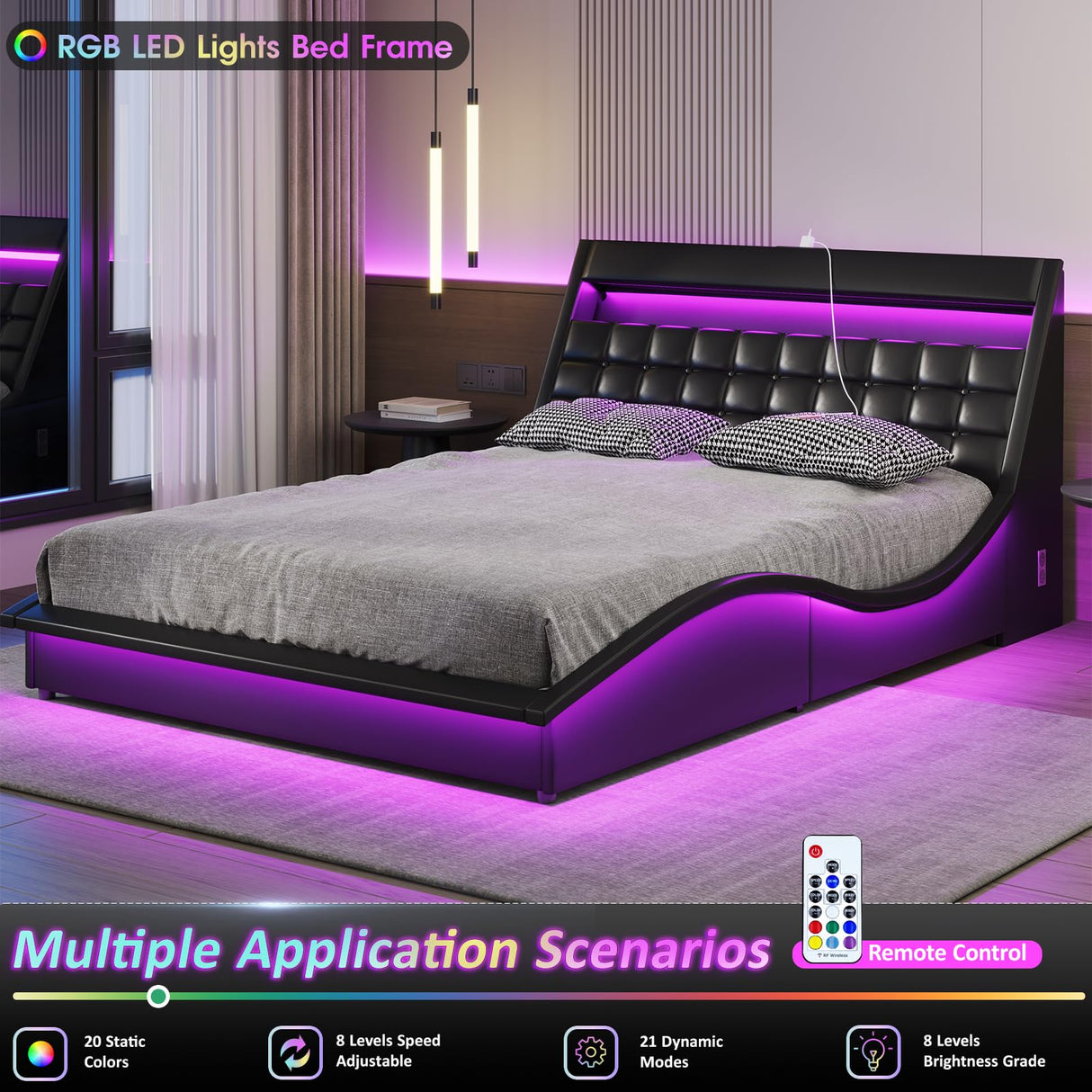 Fameill LED Queen Size Bed Frame with Bluetooth Speaker & Charging Station, PU Leather Upholstered Platform Bed Frame with Modern Wave-Like Curve, Low Profile, Noise Free, No Box Spring Needed, Black Fameill