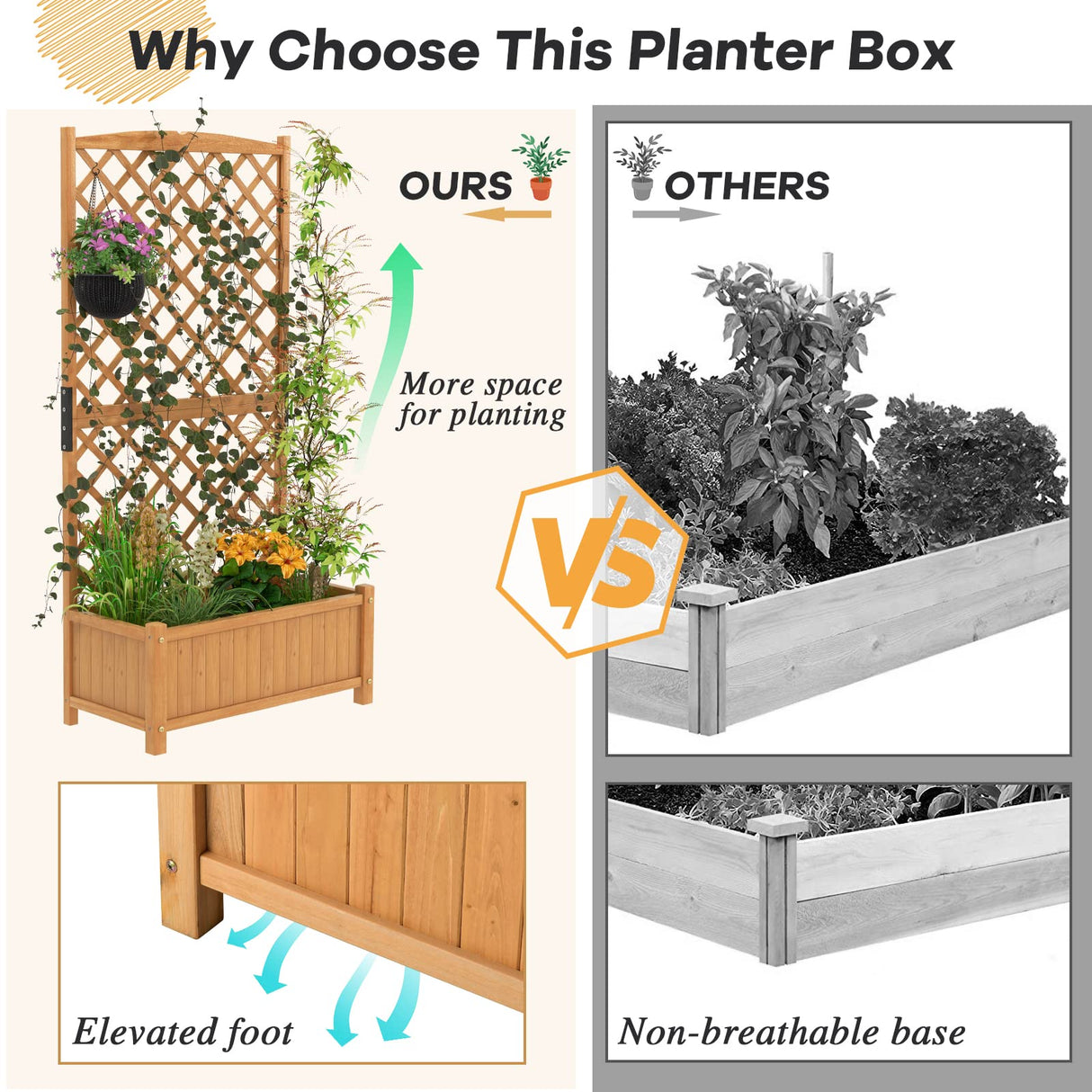 Safstar Raised Garden Bed with Trellis, Indoor & Outdoor Wood Elevated Plant Container with Diamond Shaped Trellis & Drain Hole, Above Ground Garden Bed for Vine Climbing Plants in Garden Balcony Yard S AFSTAR