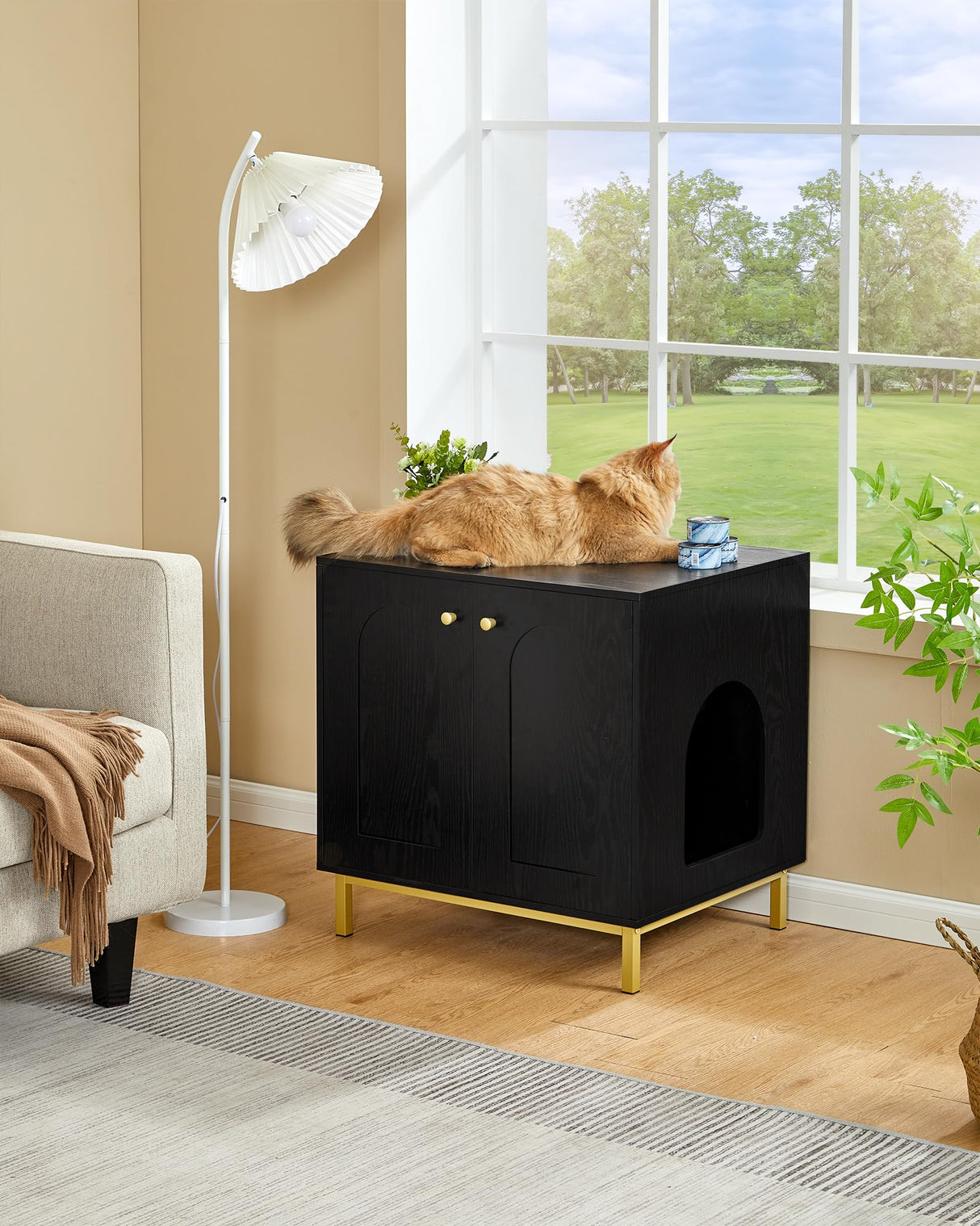 Hzuaneri Cat Litter Box Enclosure, Hidden Litter Box Furniture, Wooden Pet House Side End Table, Storage Cabinet Bench, Fit Most Cat and Litter Box, Living Room, Bedroom, Black and Gold CB81204G Hzuaneri