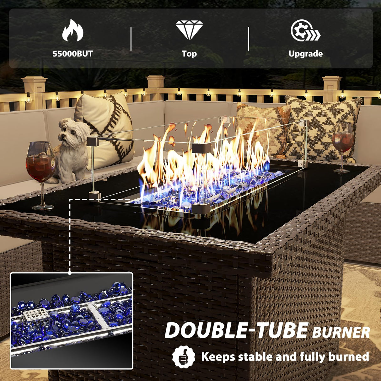 Vakollia 8 Pieces Patio Furniture Set with 44" Propane Gas Fire Pit Table, Outdoor Sectional Brown Rattan Wicker Conversation Sofa Sets with Coffee Table Vakollia