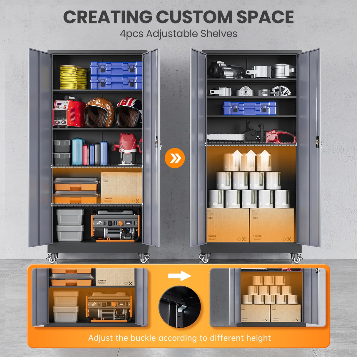 AFAIF Metal Garage Cabinets with Wheels, Heavy Duty Rolling Storage Cabinet with Lock, Storage Caninet with 2 Doors and 4 Shelves, Tall Tool Cabnet on Wheels for Workshop/Home/Office-(Black Gray 75”H) AFAIF