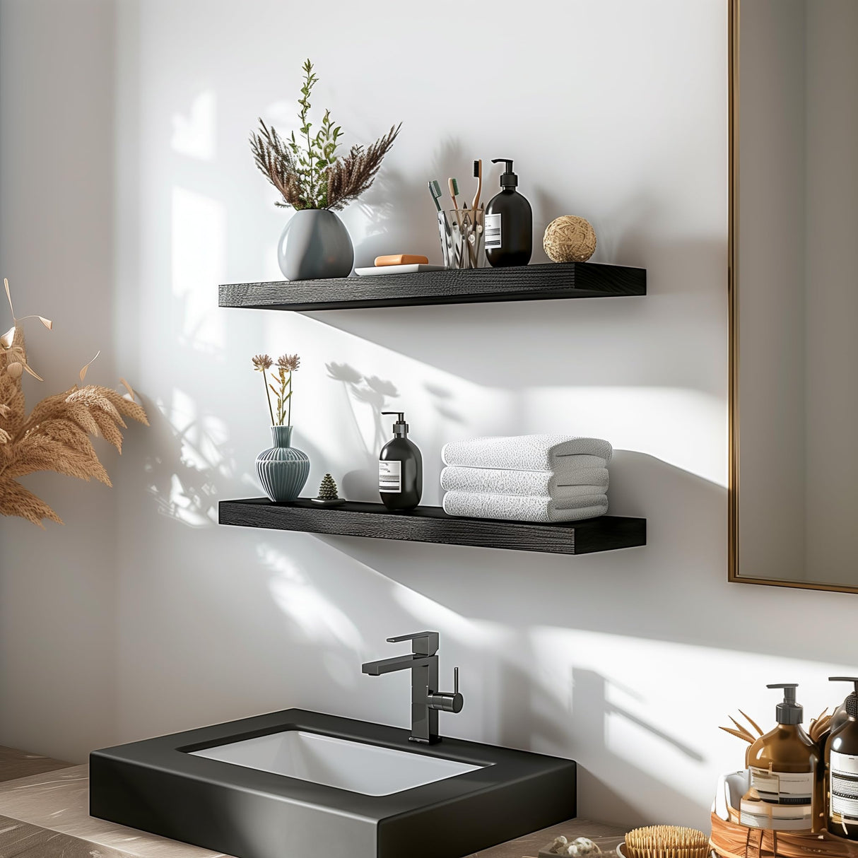 PHPH Wood Floating Shelves for Wall, Wooden Wall Shelves for Bedroom, Set of 6 Black 17 Inch PHPH