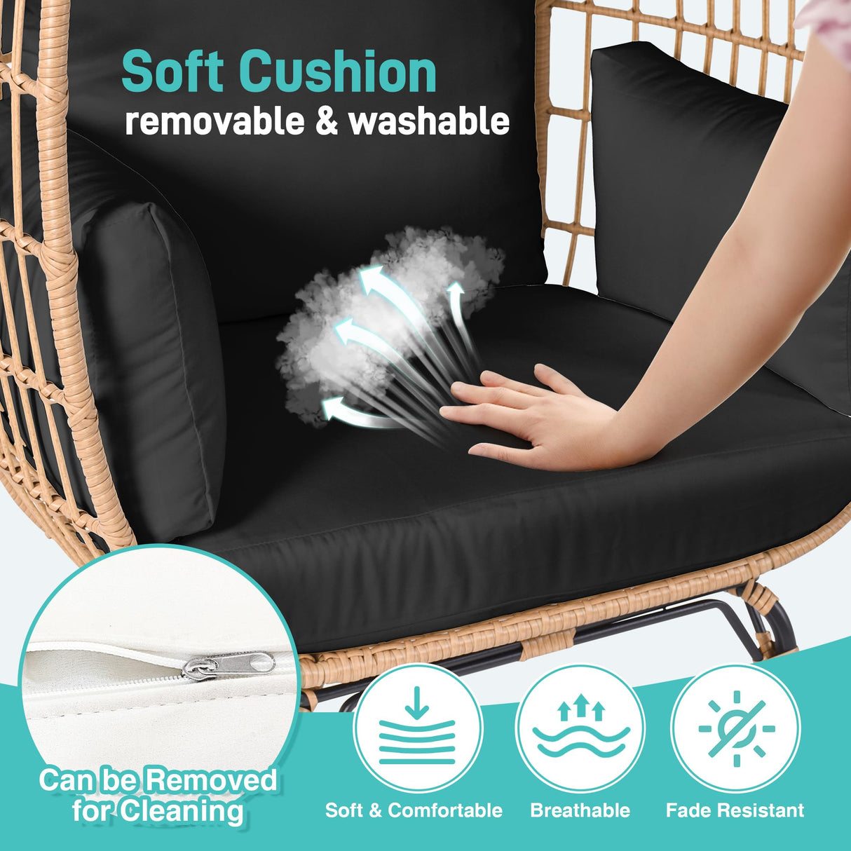 OTSUN Outdoor Egg Chair, PE Wicker Chair 440 lbs Capacity, Patio Chairs with 4 Thicken Cushions, Oversized Lounge Chairs with Durable Steel Frame Perfect for Balcony, Backyard, Bedroom-Black OTSUN