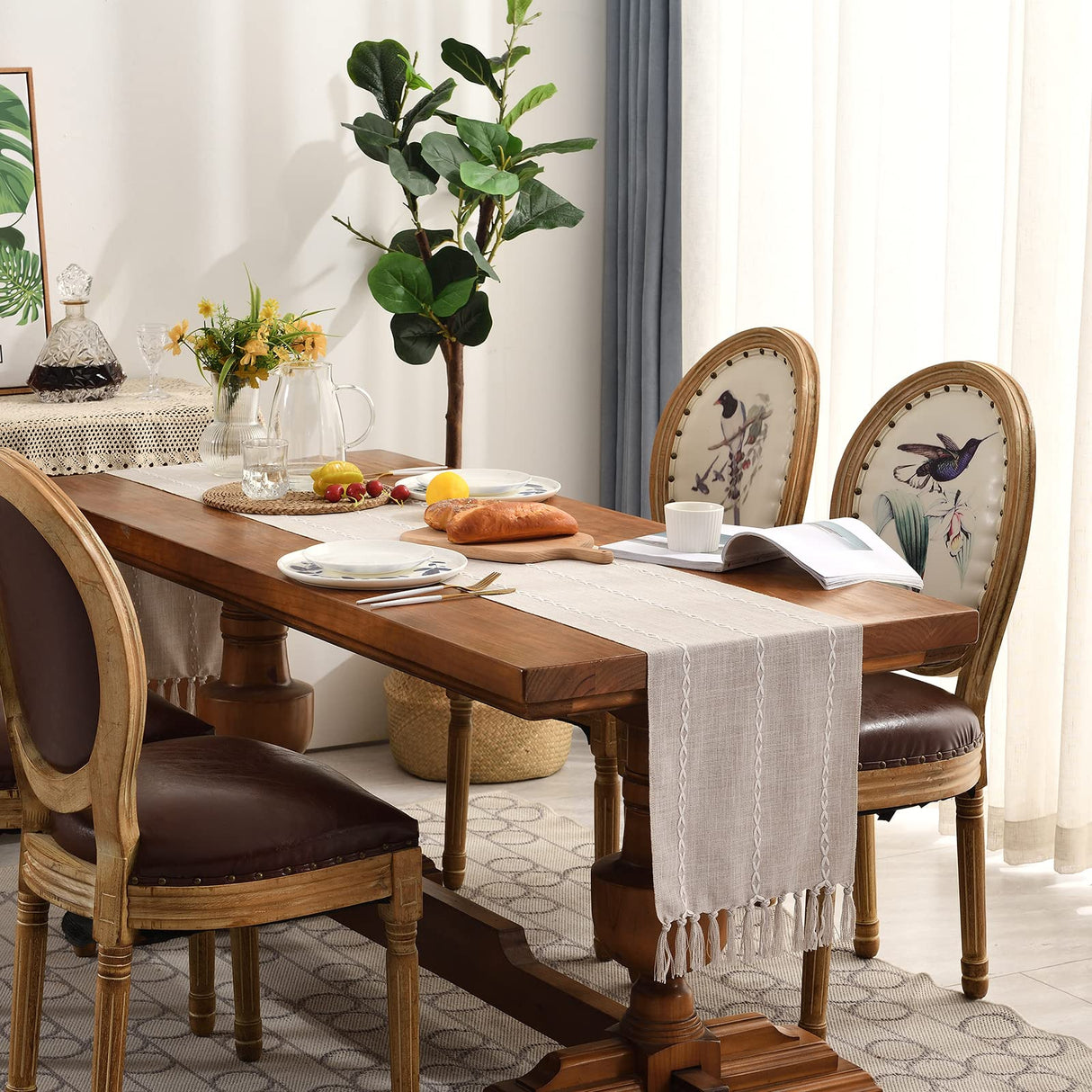 Wracra Rustic Linen Table Runner Farmhouse Style Table Runners 72 inches Long Embroidered Fall Table Runner with Hand-Tassels for Party, Dresser and Dining Room Decorations(Light Coffee, 13"×72") Wracra